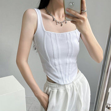 Yipinpay Bright Line Decoration Corset Tops Women Summer New Slim Square Neck Sleeveless Irregular Crop Top Outwear